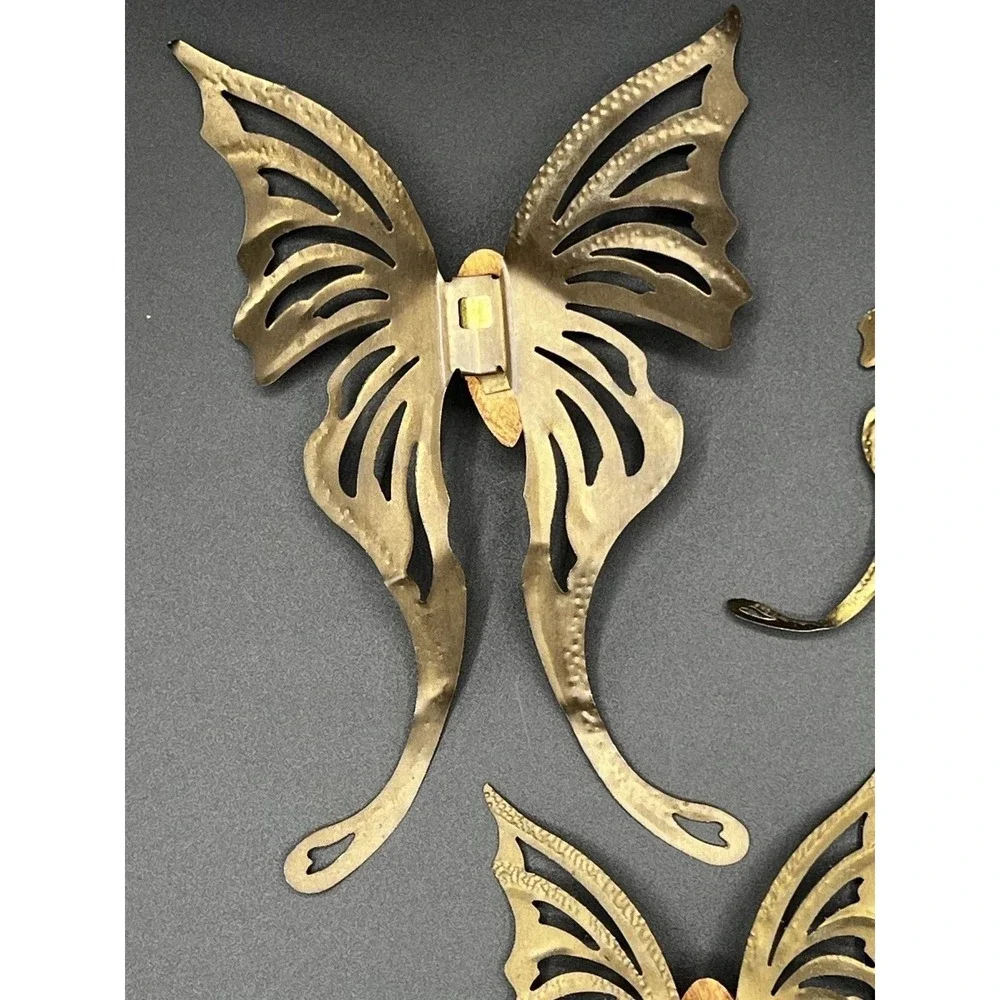 VTG Brass Butterfly Wall Hanging Decor Lot 3‎ Pc Set  Metal Wood Gold MCM